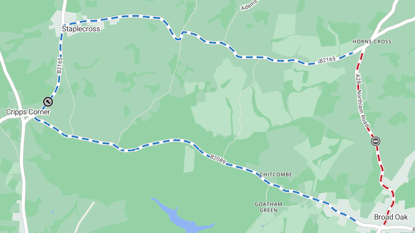 Map showing extent of works area as a red line between Broad Oak and Horns Cross