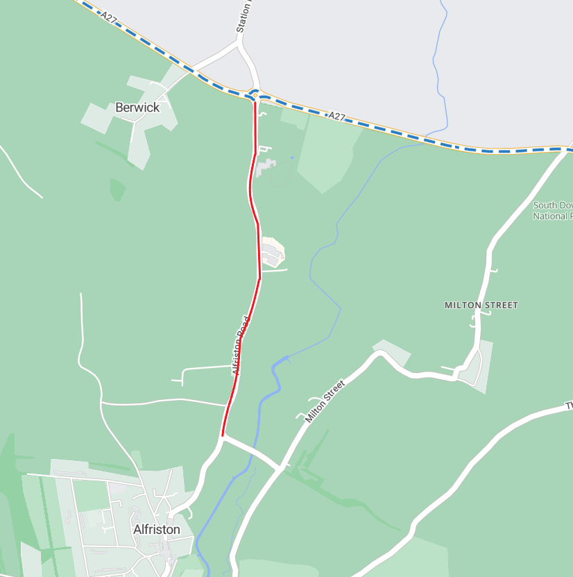 Map showing the extent of the works area as a red line between the A27 and Lullington Road