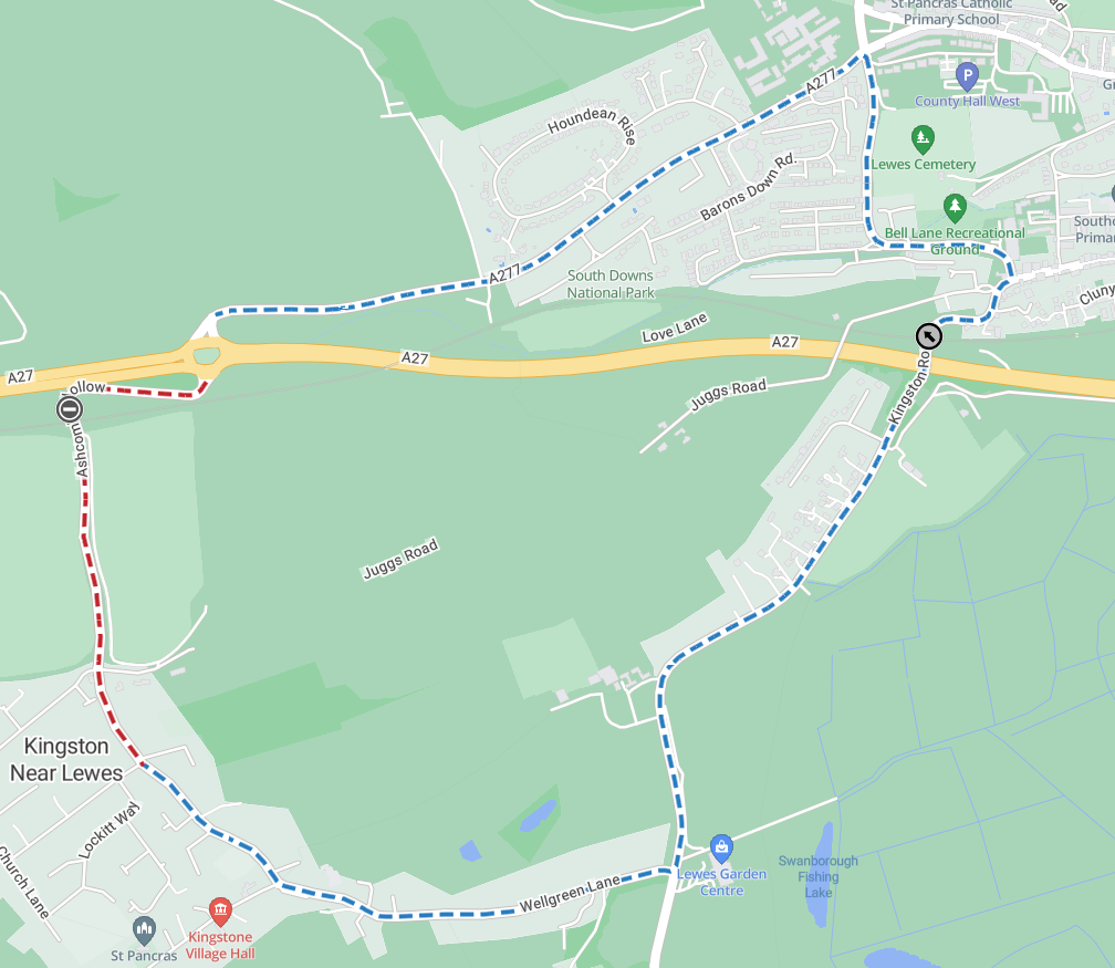 Map showing extent of works area as a red line from the A27 Ashcombe Roundabout to the junction with The Avenue