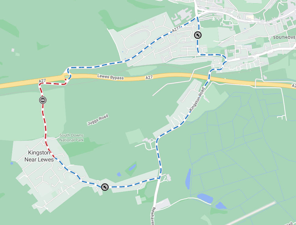 Map showing the extent of the works area as a red line between the junction with the A27 and The Avenue