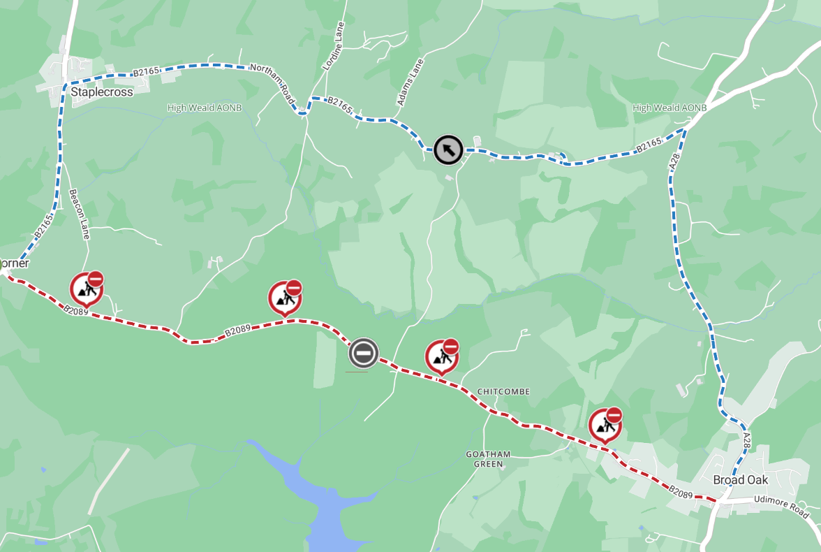 Map showing extent of closure as a red line from the junction with the B2165 to the junction with the A28 Broad Oak