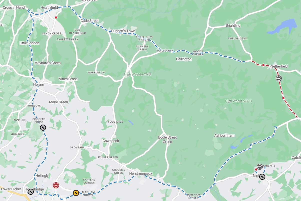 Map showing extent of works area as a red line from the junction with the A271 North Trade Road to the junction with Penhurst Lane