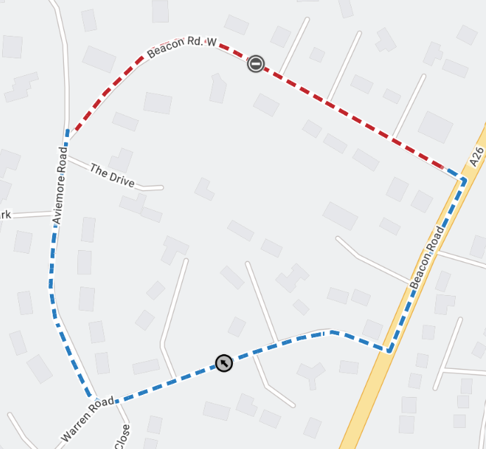 Map showing extent of road closure in Beacon Road West as a red line between Aviemore Road and the A26 Beacon Road