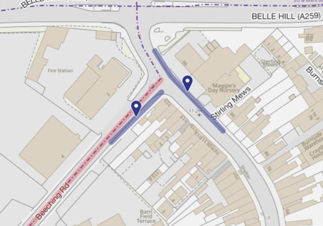 Map showing the location of footway works on Beeching Road and London Road Bexhill