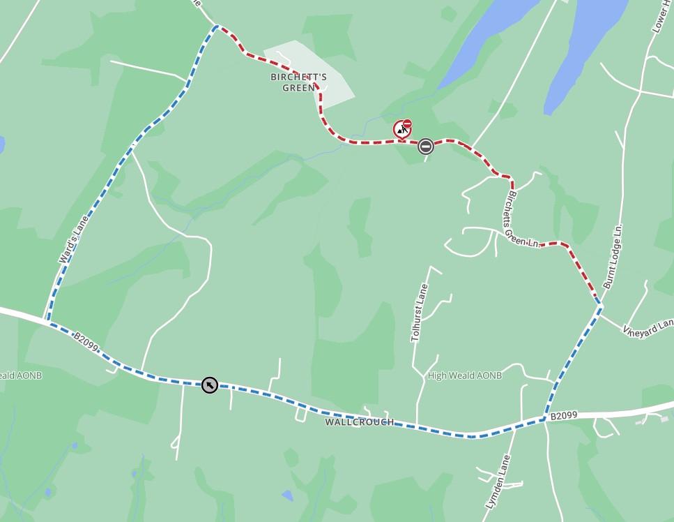 Map showing extent of closure area as a red line from the junction with Wards Lane to the junction with Burnt Lodge Lane