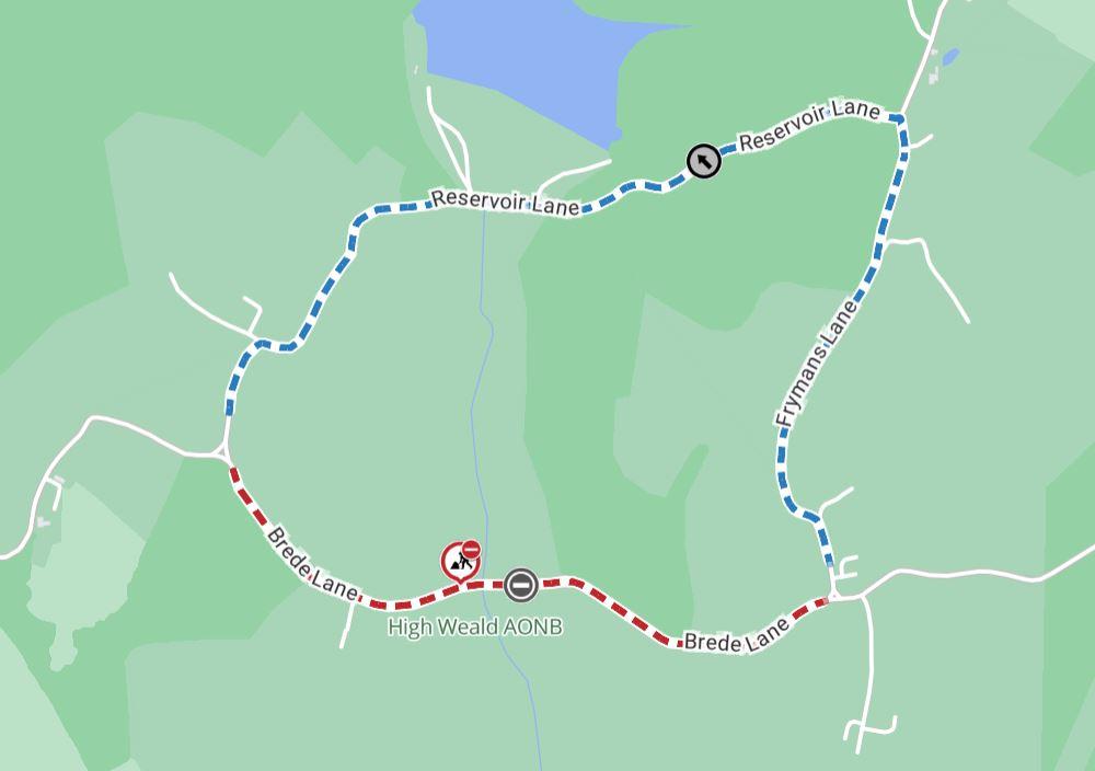 A map showing the road closure extent for parapet works on Brede lane sedlescombe