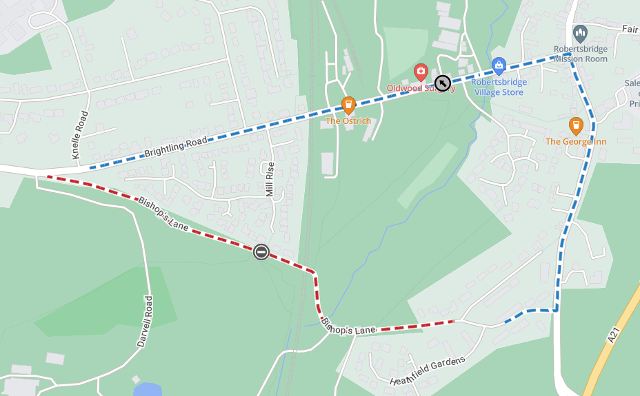 Map showing the extent of the road closure as a red line from Heathfield Gardens to Brightling Road
