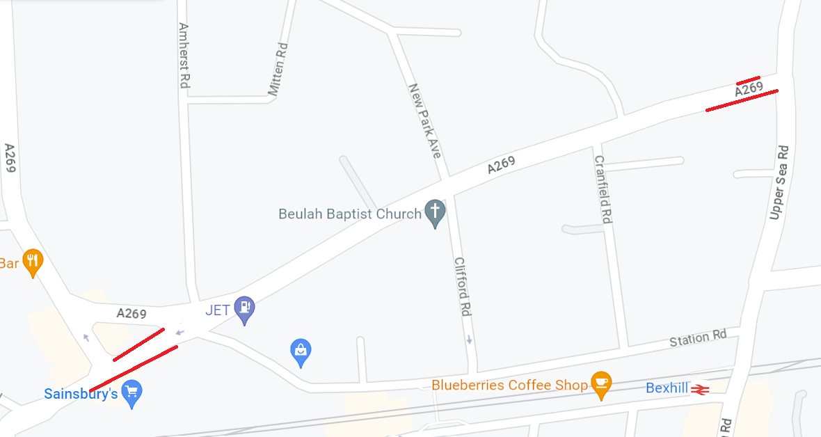 A map of the footway resurfacing extent in Buckhurst Road, Bexhill