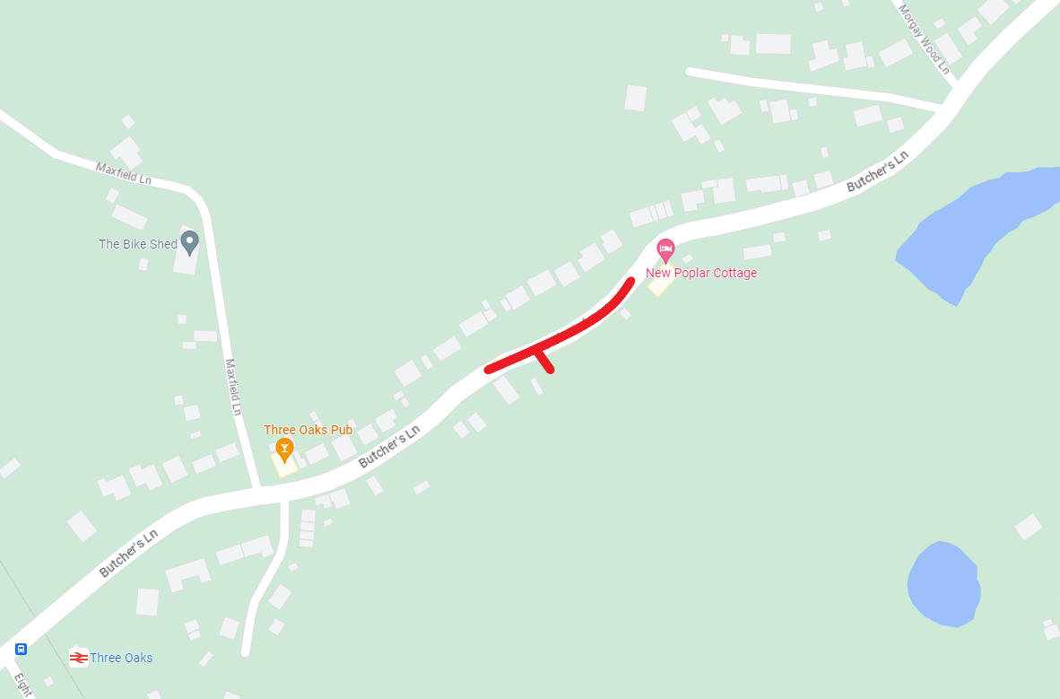 Map showing extent of works area in Butchers Lane, Three Oaks