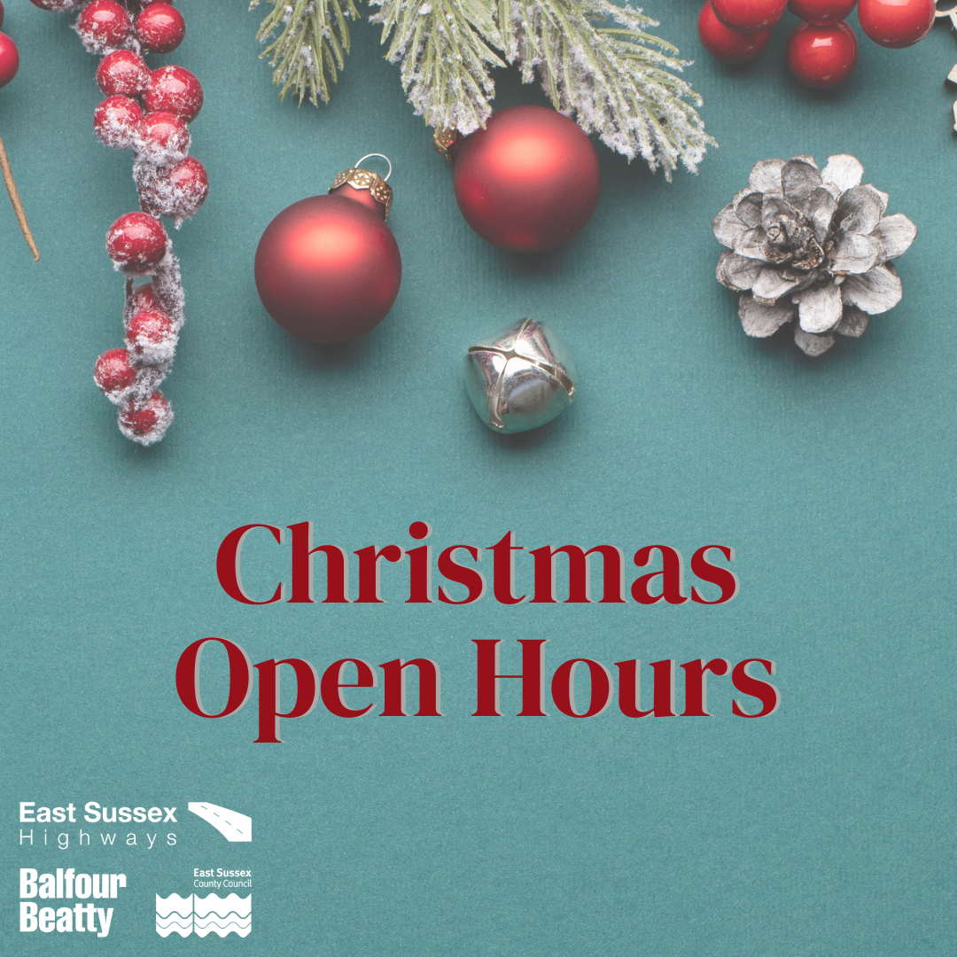 Image of Christmas baubles with red text reading "Chrismas open hours"