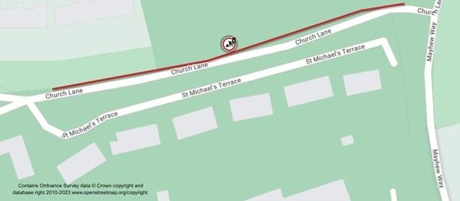 Image of a map showing works location, between Mayhew Way and St Michael's Terrace junctions