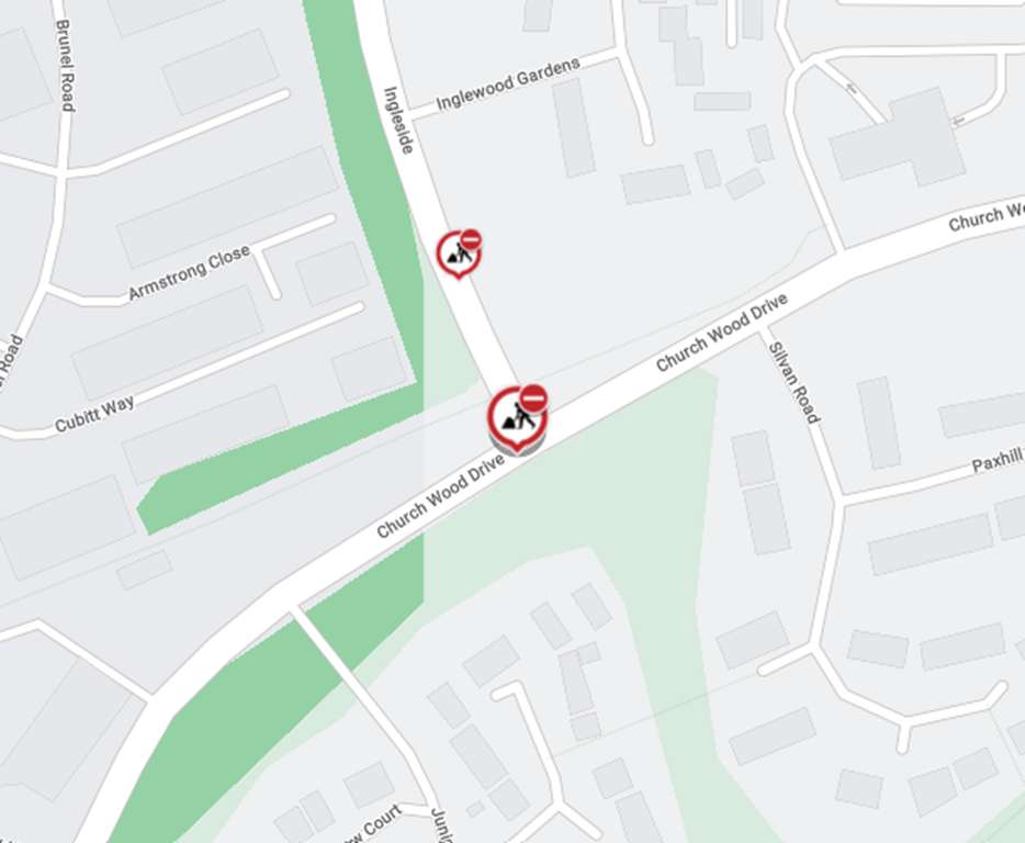 Map showing location of works area at the junction of Churchwood Drive and Ingleside
