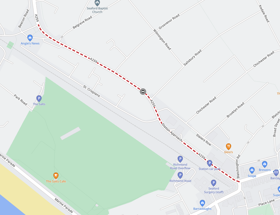 Map showing extent of road closure as a red line from the junction with Belgrave Road to the Church Street junction