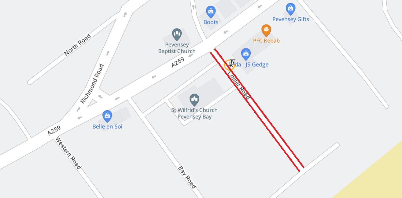 A map showing the footway resurfacing extent in Collier Road, Pevensey Bay