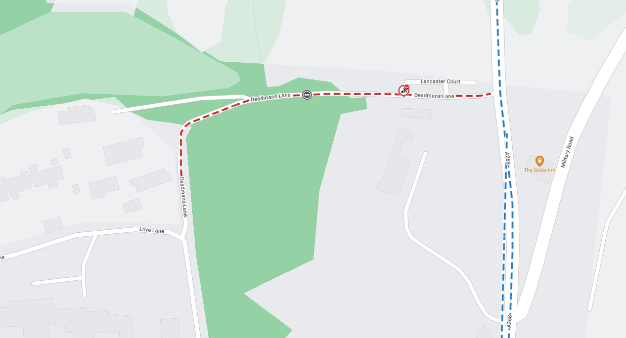 Map showing extent of works area as red line between Love Lane and the A268