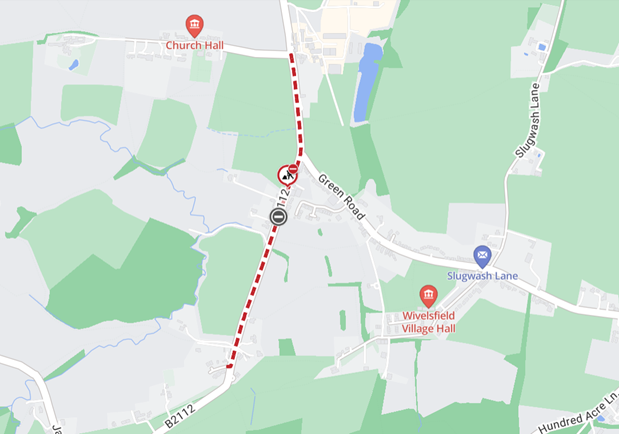 A map of the road closure extent on Ditchling Road, Wivelsfield