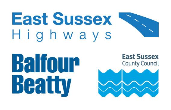 Image of the East Sussex Highways logo. This has the  Balfour Beatty and the East Sussex County Council logos on it with the strapline East Sussex Highways