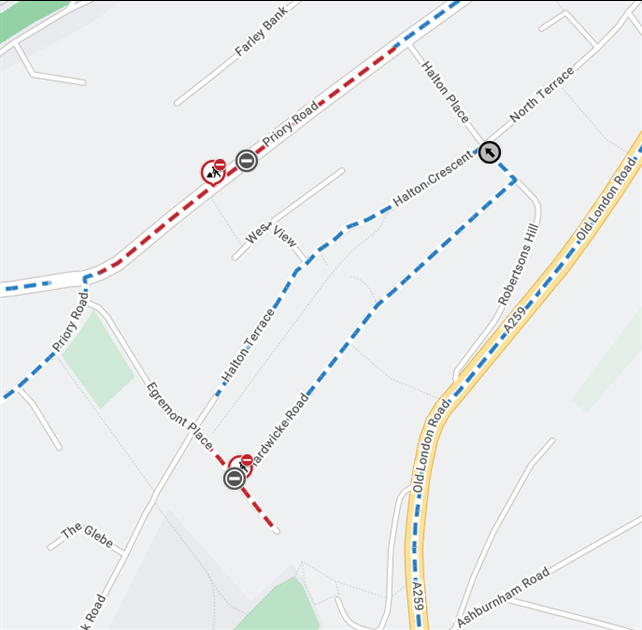 Map showing extent of closure as a red line between Halton Terrace and the end of the cul-de-sac