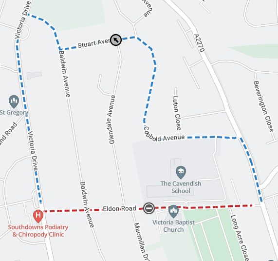 Map showing extent of works area as a red line from the junction with Victoria Drive to the A2270 junction