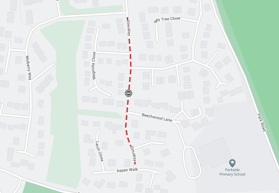 Map showing extent of works area in Elm Way, Heathfield