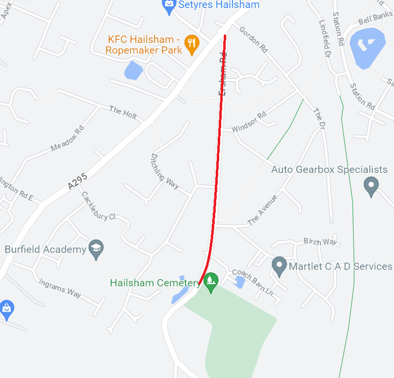 Map showing extent of works area on Ersham Road, Hailsham