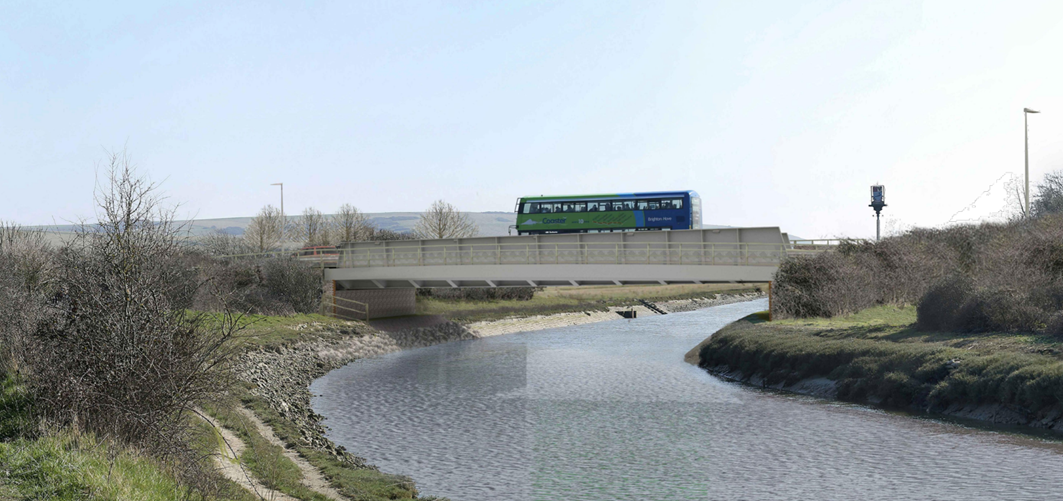 A computer generated image that shows the proposed new bridge over the river.