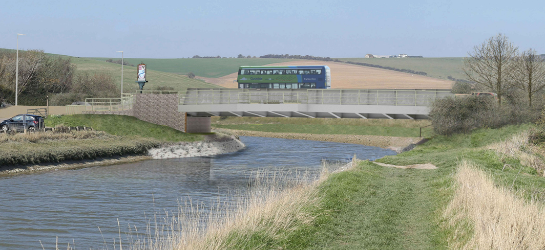 A computer generated image that shows the proposed new bridge over the river.