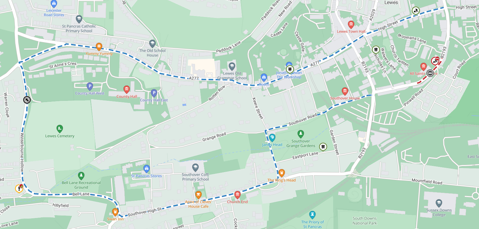 A map showing the extent of the works area as a red line from Styles Field to approximately 40 meters Southwest of Pinwell Road