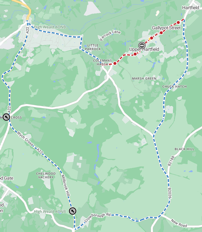 Map showing extent of works area and diversion route as a red line from the junction with Shepherds Gate to the B2026 Jib Jacks Hill junction