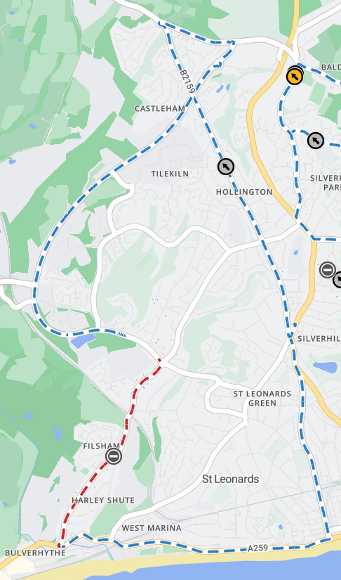 Map showing extent of works area as a red line from the junction with the A259 to the Gillsmans Hill Roundabout