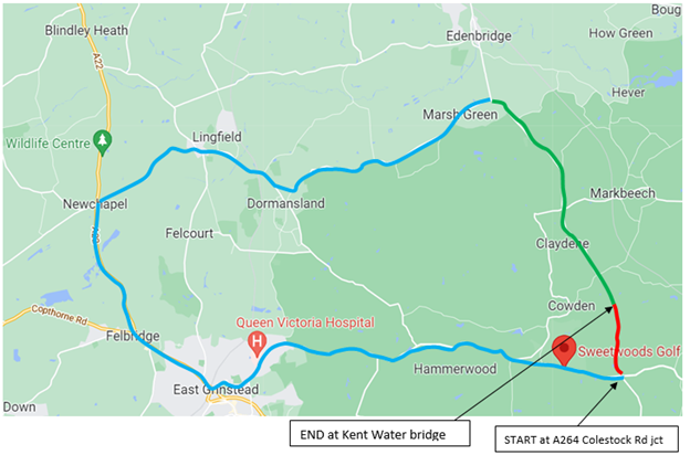 Map showing extent of works area as a red line between Kent water bridge and the junction with Cole Stock Road