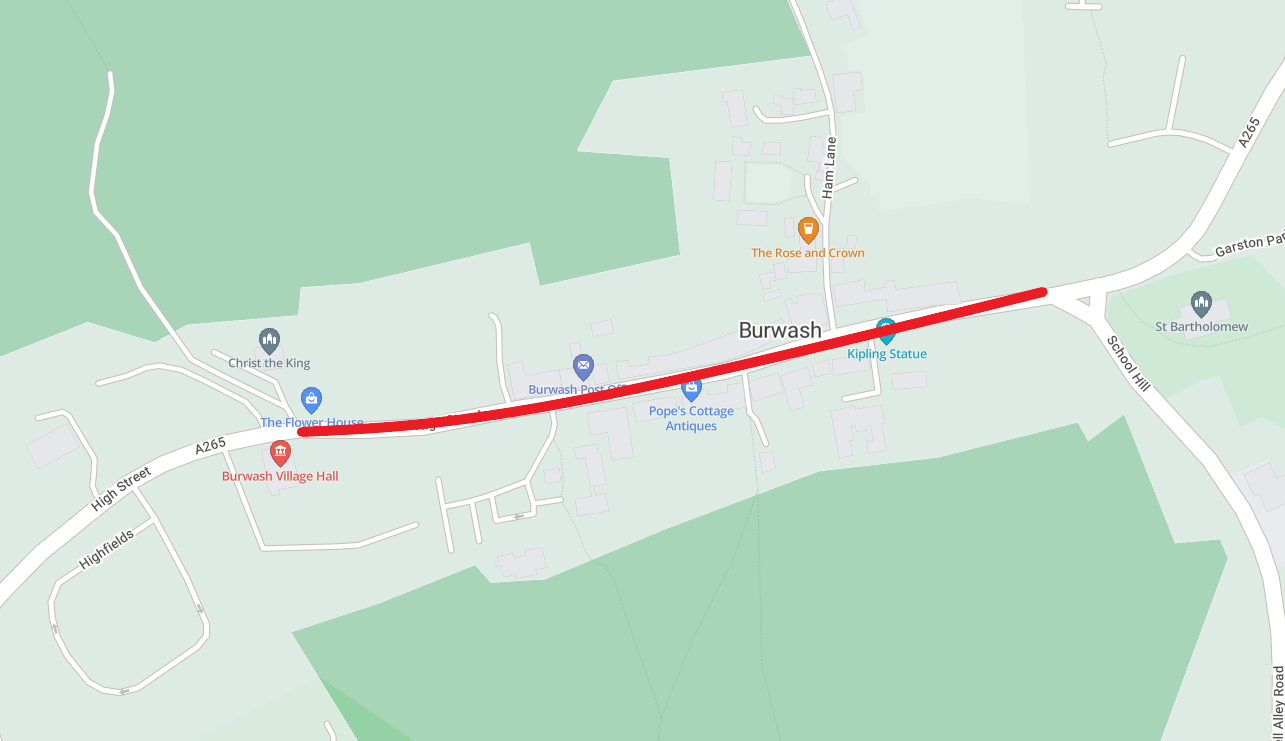 Map showing the extent of the works area as a red line between St Annes Green and School Hill