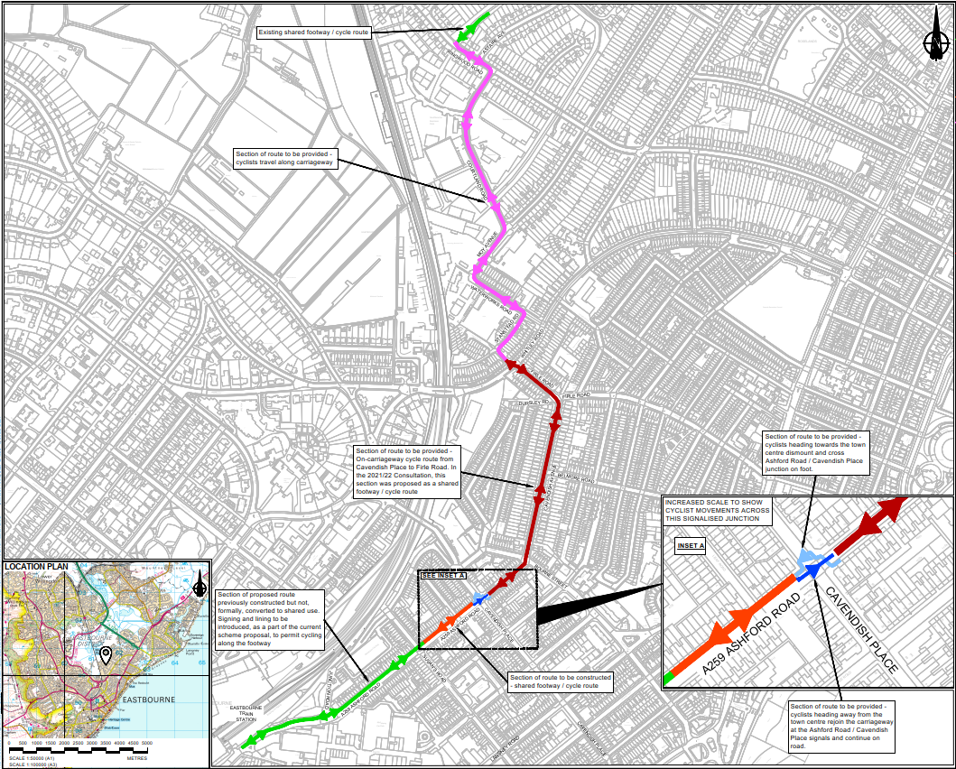 Map showing location of proposed route from Eastbourne train station to Ringwood Road