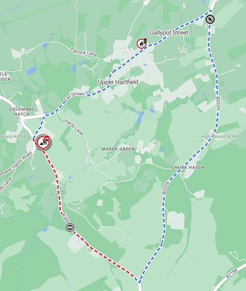 Map showing location of works area and diversion route