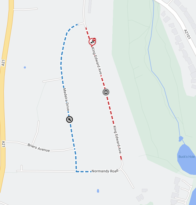 Map showing extent of works area as a red line between Madeira Drive junction and Normandy Road junction