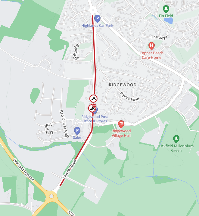 A map showing the extent of the works area as a red line from the Little Horsted Roundabout to the junction with Eastbourne Road