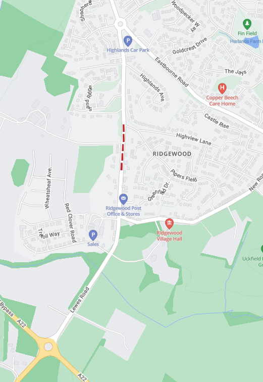 Map showing extent of works area in Lewes Road, Uckfield