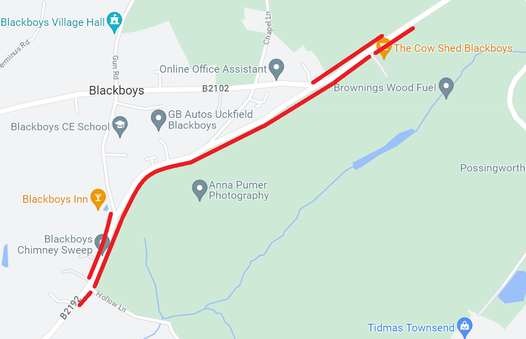 A map showing the extent of the works area as multiple red lines between The Cow Shed and Hollow Lane