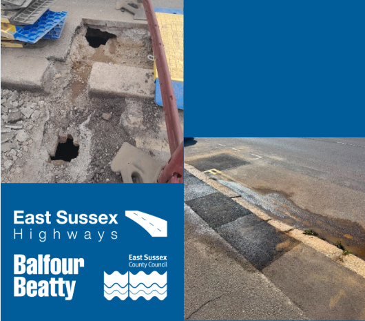 Before and after images showing 2 holes in the footway, and the completed surfaced area
