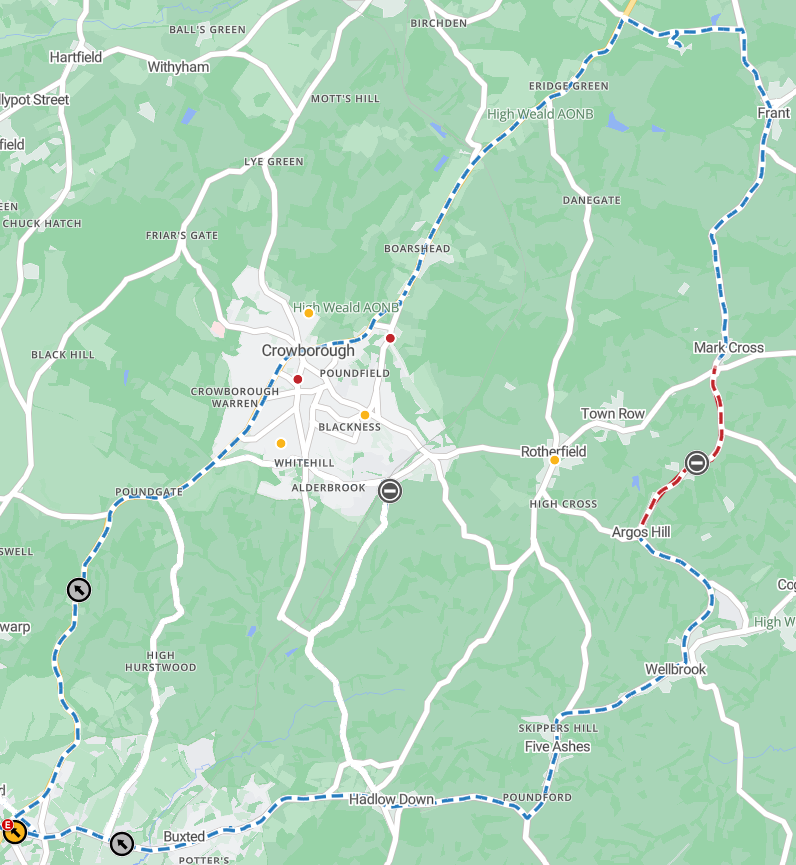 Map showing works area as a red line from from the junction with the B2102 Bicycle Arms Road to the junction with the B2100 Mark Cross