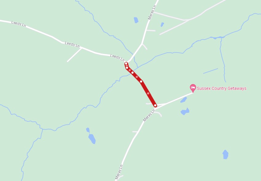 Map showing the extent of a road closure on Meres Lane Mayfield