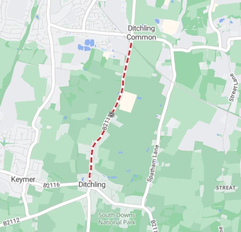 Map showing extent of works area as a red line from the junction with Folders Lane East to the B2116 Lewes Road junction