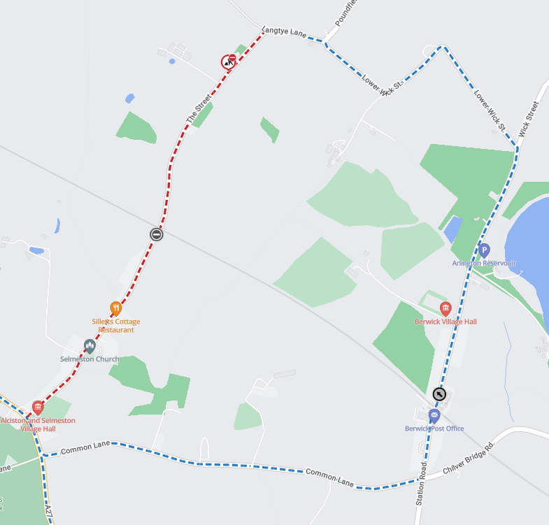 Map showing extent of works area as a red line between the A27 and Landtye Lane