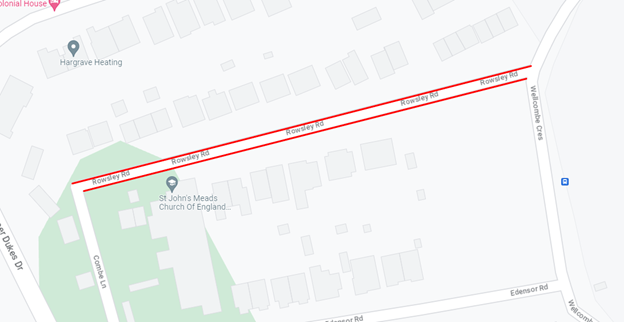 Map showing the extent of the works area as a red line between Wellcombe Crescent and Combe Lane