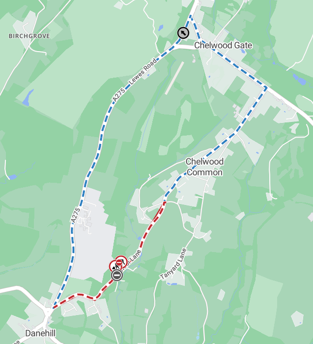 Map showing extent of works area as a red line from the junction with the A275 London Road to the junction with Coach Lane