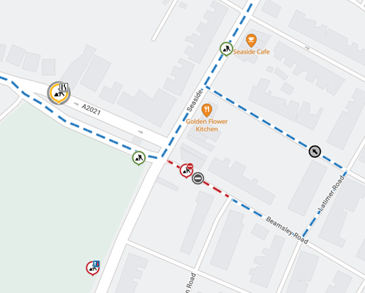 Map showing location of works area on Beamsley Road, Eastbourne