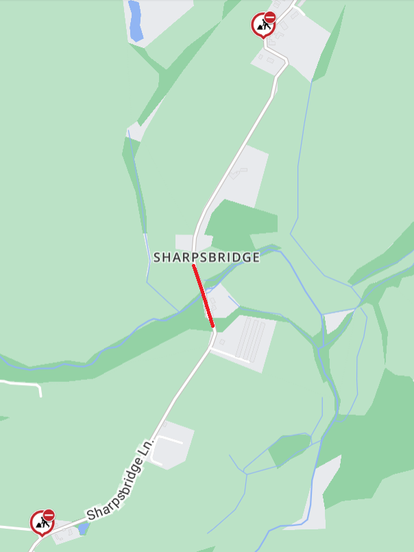 A map of the closure extent on Sharpsbridge Lane, Piltdown