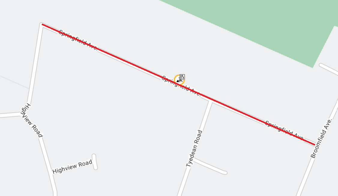 A map of the footway resconstruction extent on Springfield Avenue, Peacehaven