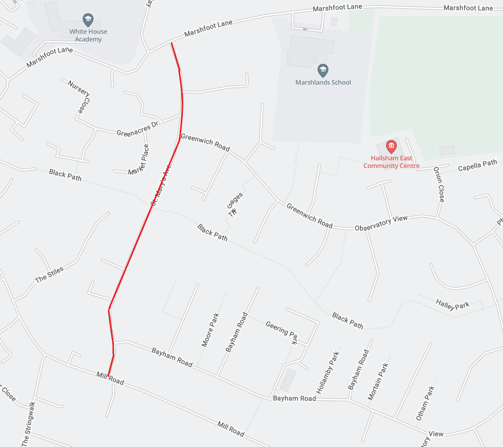 Map showing the extent of the works area as a red line from Mill Lane to Marshfoot Lane