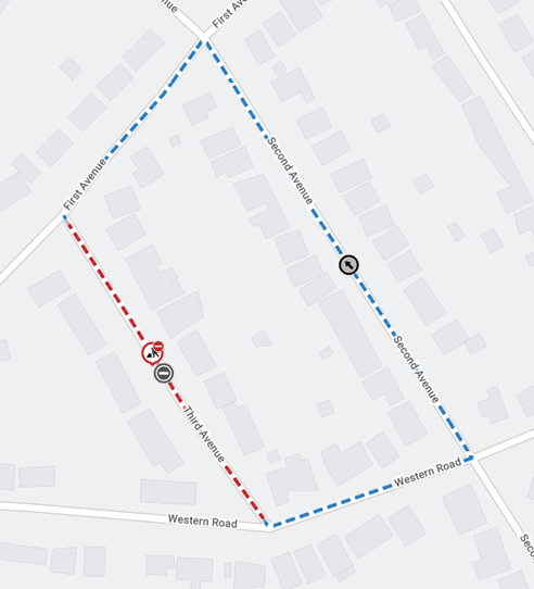 Map showing extent of works area as a red line between Western Road and First Avenue. Diversion route is shown as a blue line via First Avenue, Second Avenue and Western Road